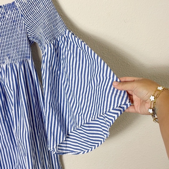 Zara Woman Off Shoulder Shirred Tunic or Mini Dress Coastal Stripe White Blue XS - Picture 5 of 9